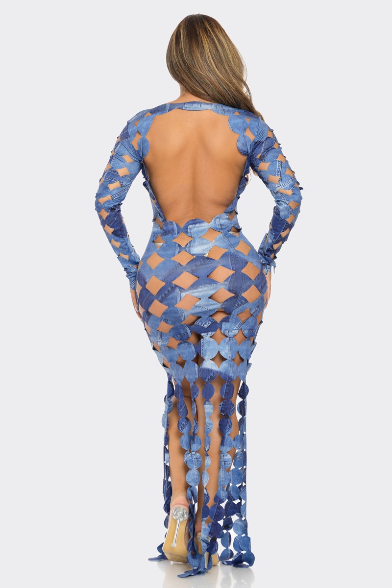 Denim Print Sexy Cut Out Maxi Dress - On the Runway Fashion