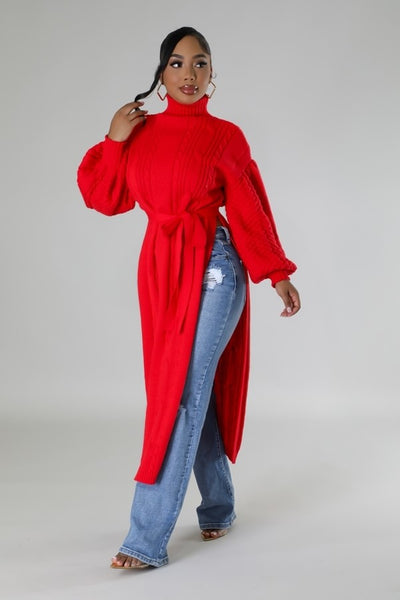 Split Sides oversized sweater top with belt - On the Runway Fashion