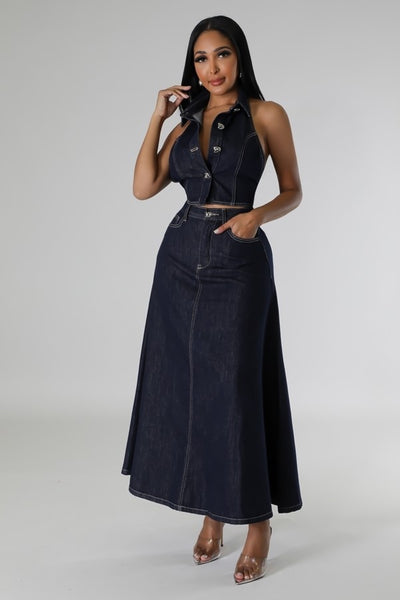 high-waisted denim skirt