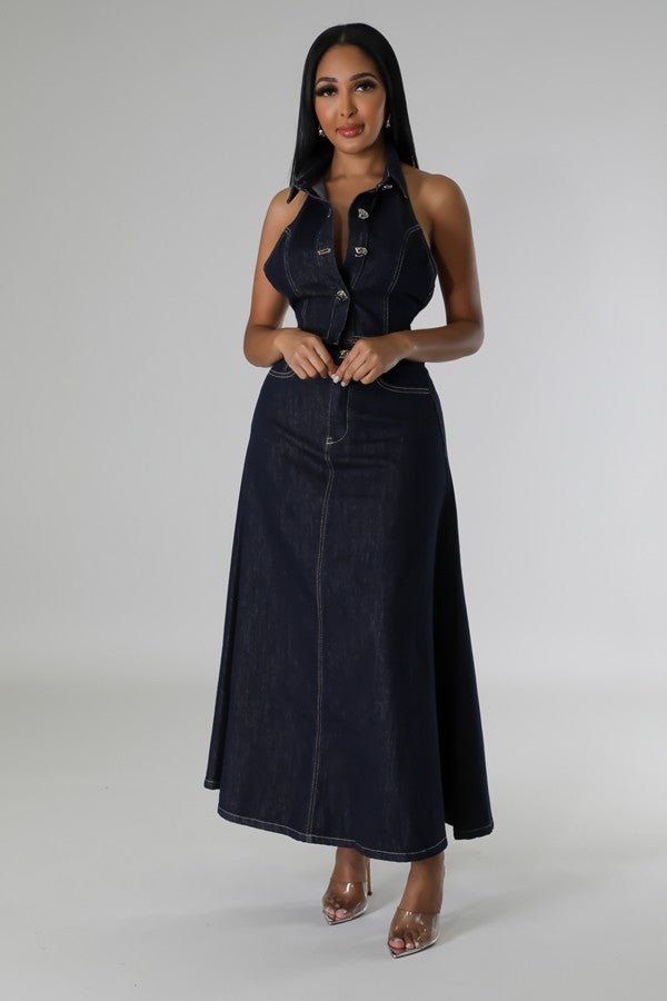 high-waisted denim skirt