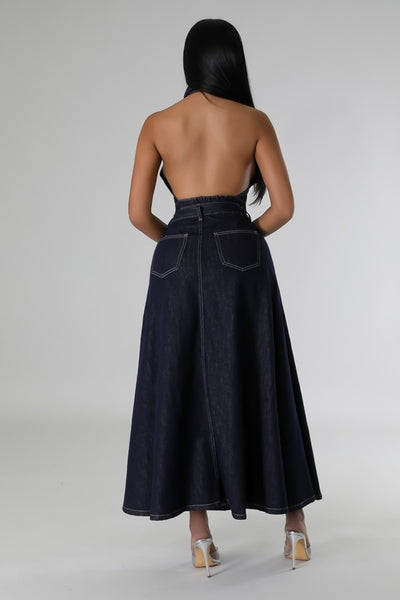 high-waisted denim skirt