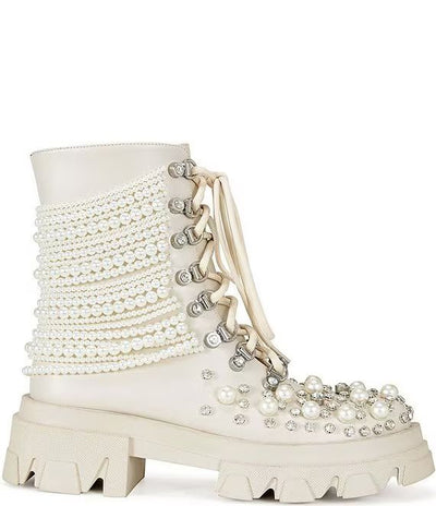 TWINKLEY-BONE PEARL COMBAT BOOTIE - On the Runway Fashion