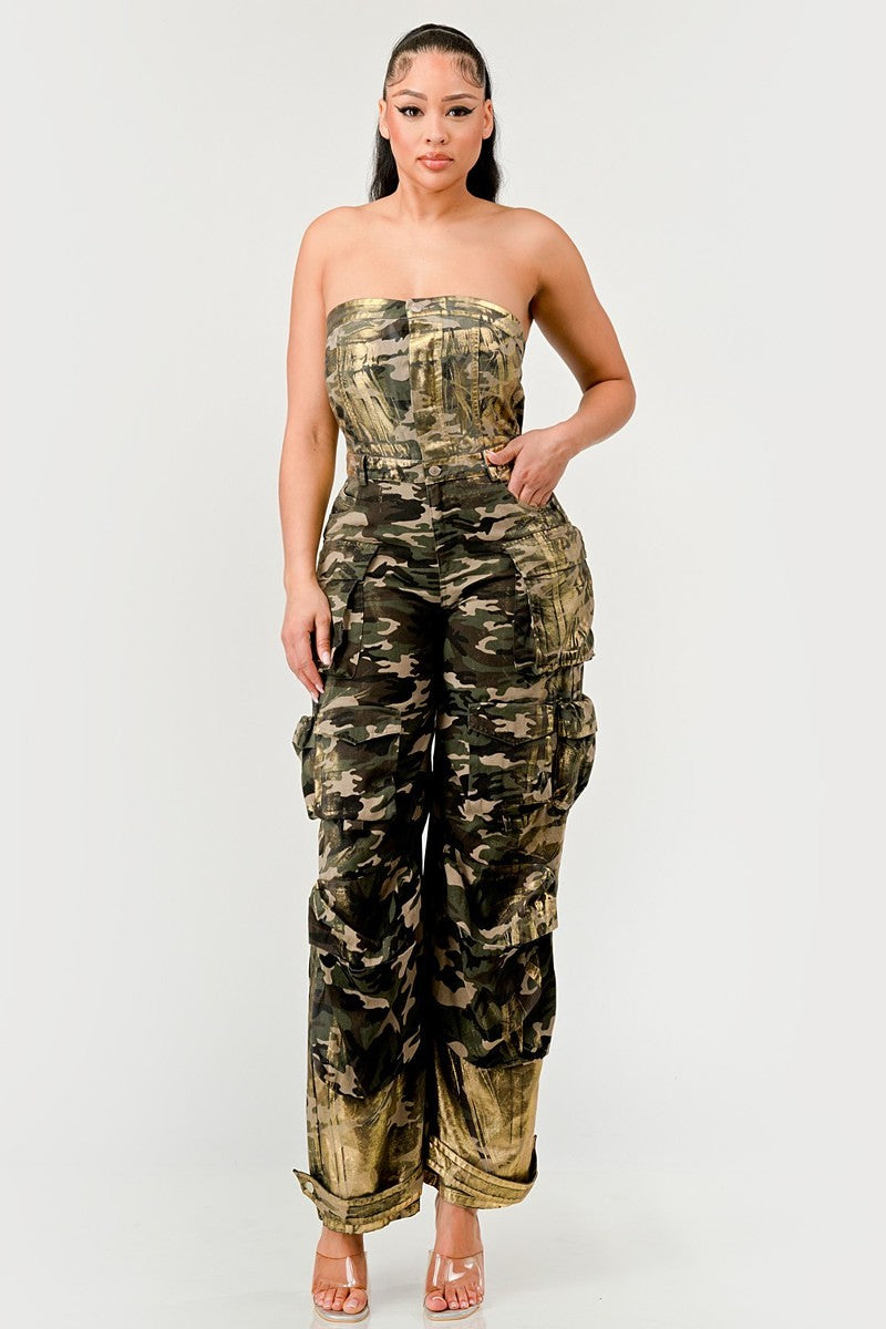 CAMO GOLD STRAPLESS CARGO JUMPSUIT - On the Runway Fashion