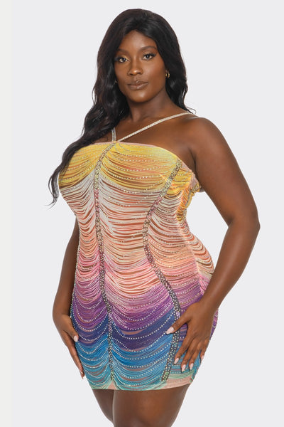 PLUS SIZE RHINETONE MULTI ILLUSION PRINT DRESS