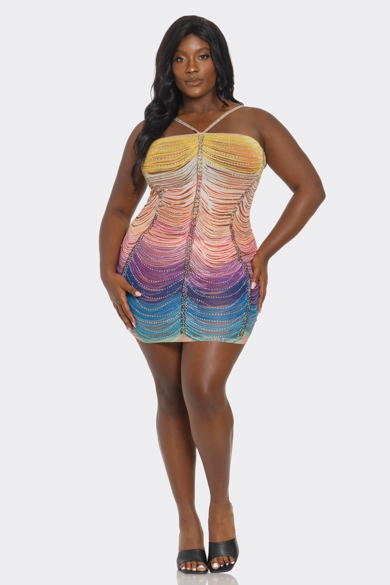 PLUS SIZE RHINETONE MULTI ILLUSION PRINT DRESS