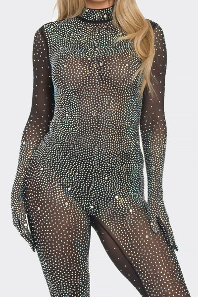 Diamond Studded Jumper with connected gloves - On the Runway Fashion
