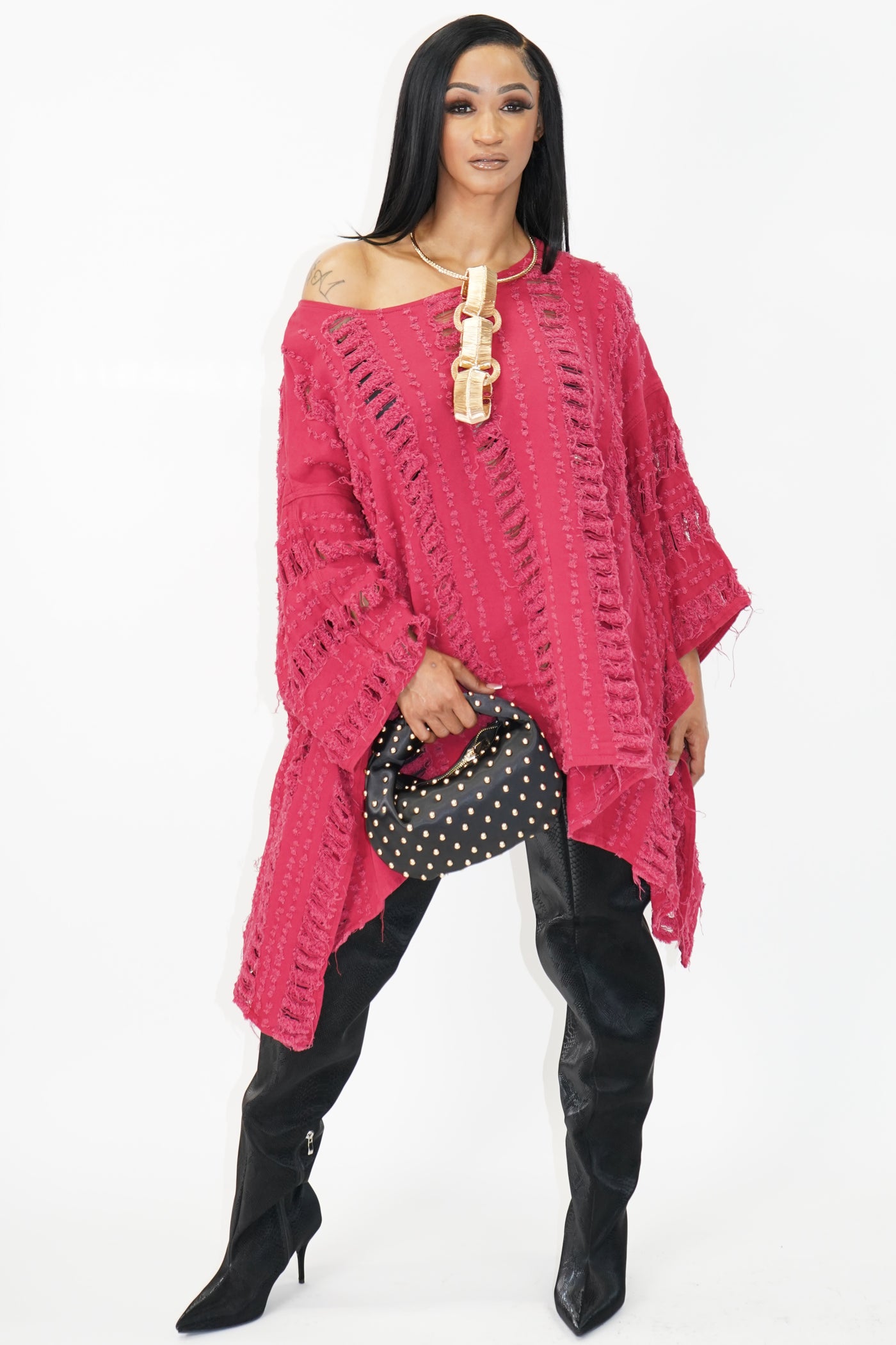 Asymmetrical Power Distressed Top Color fuchsia