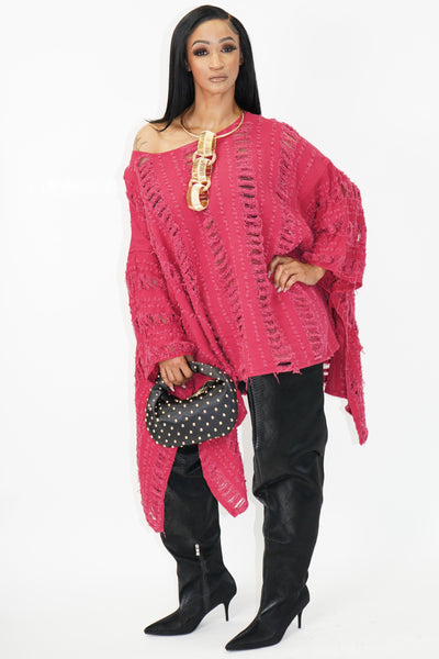 Asymmetrical Power Distressed Top Color fuchsia
