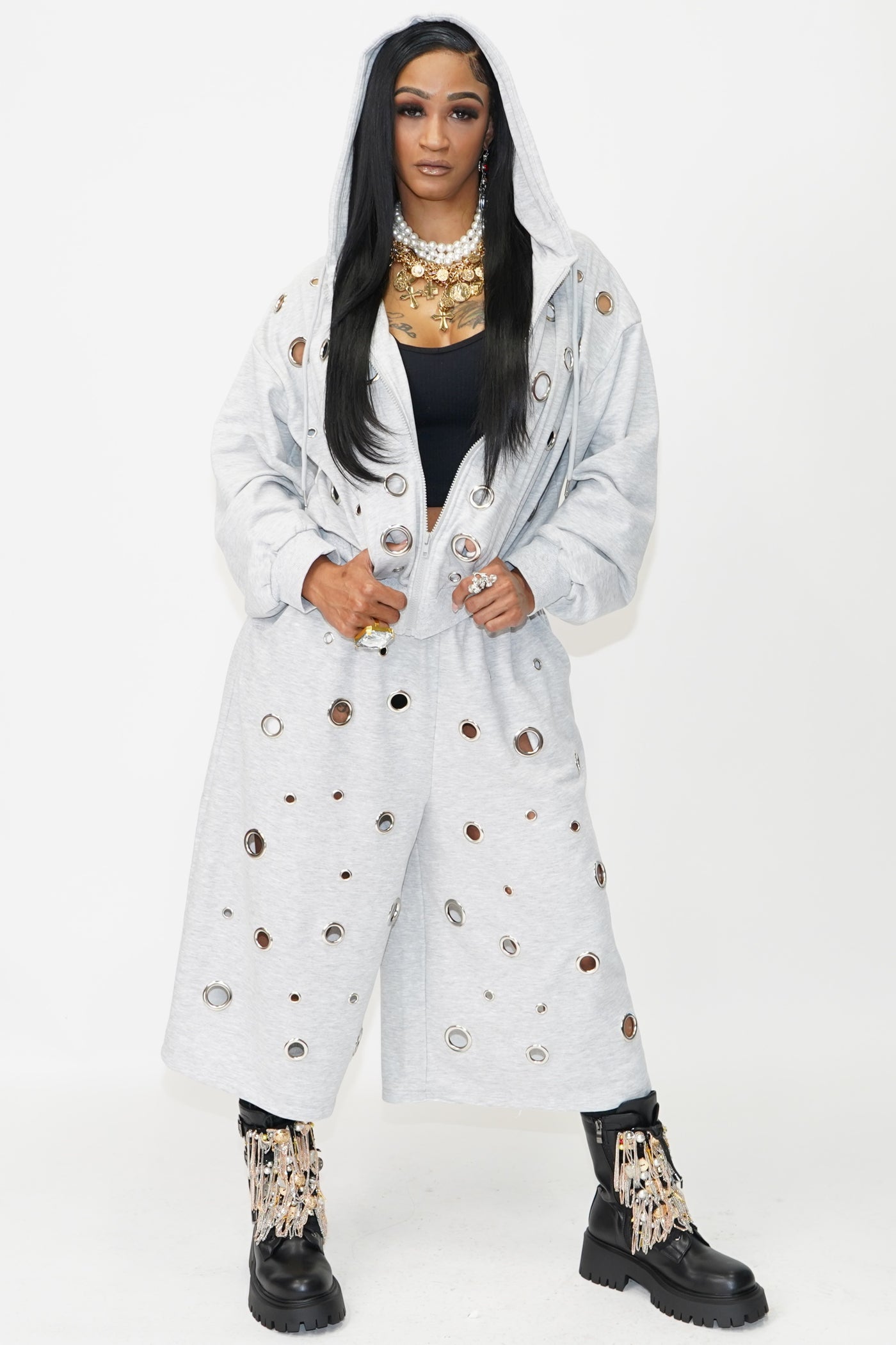 Eyelet Tracksuit Bottoms Grey - On the Runway Fashion