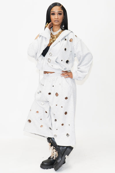 Eyelet Tracksuit Bottoms Grey - On the Runway Fashion