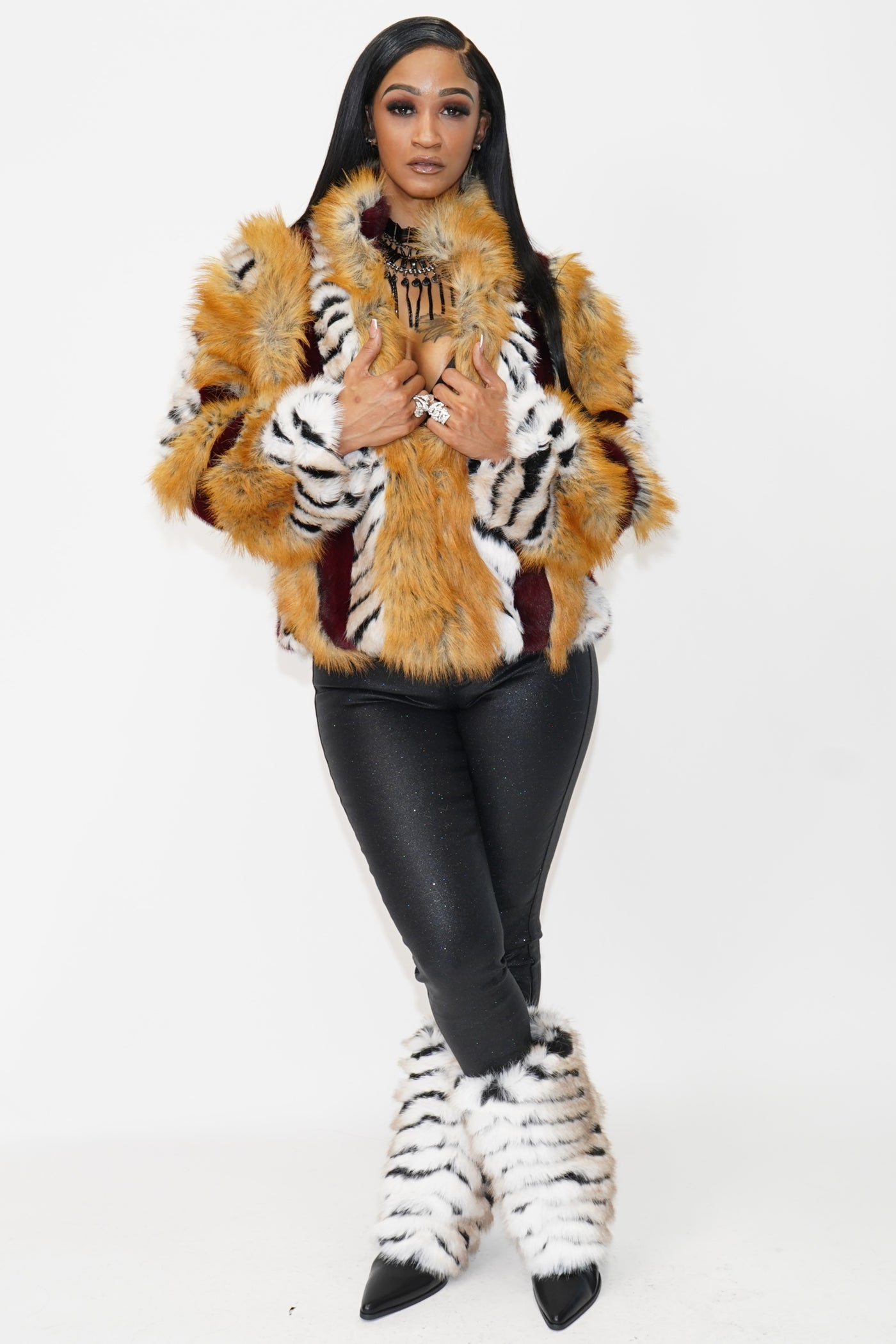 Inez Faux Fur Animal Stripe Stand Collar Zip Front Jacket - On the Runway Fashion