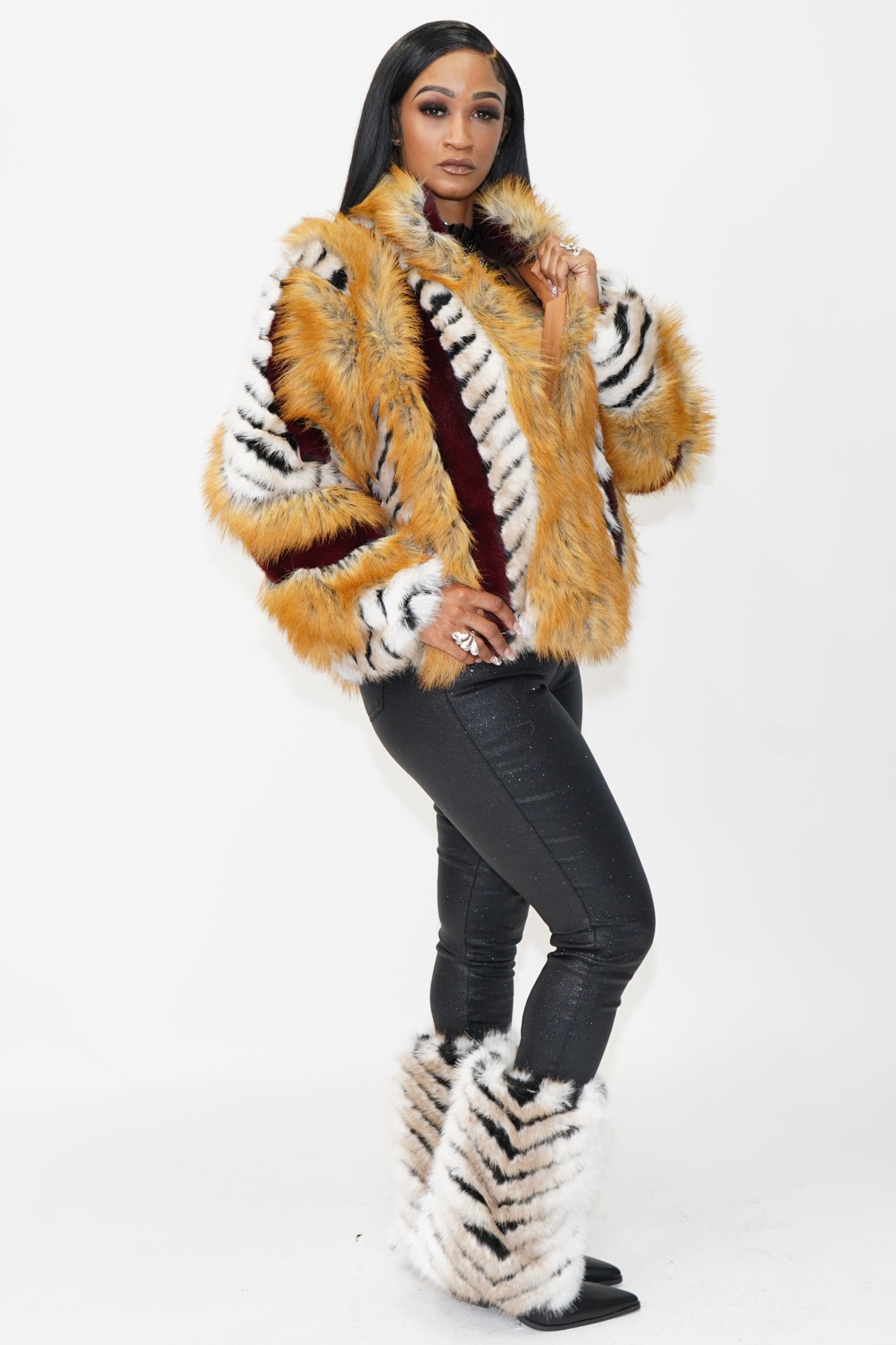 Inez Faux Fur Animal Stripe Stand Collar Zip Front Jacket - On the Runway Fashion