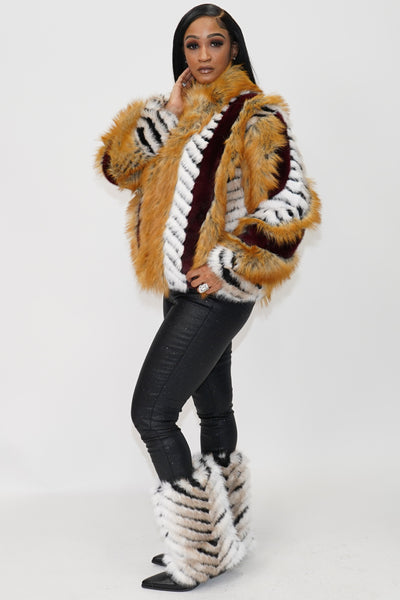 Inez Faux Fur Animal Stripe Stand Collar Zip Front Jacket - On the Runway Fashion
