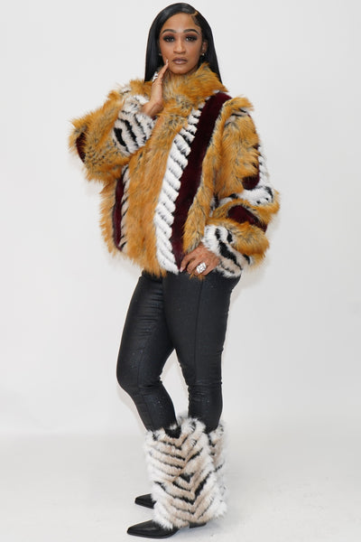 Inez Faux Fur Animal Stripe Stand Collar Zip Front Jacket - On the Runway Fashion