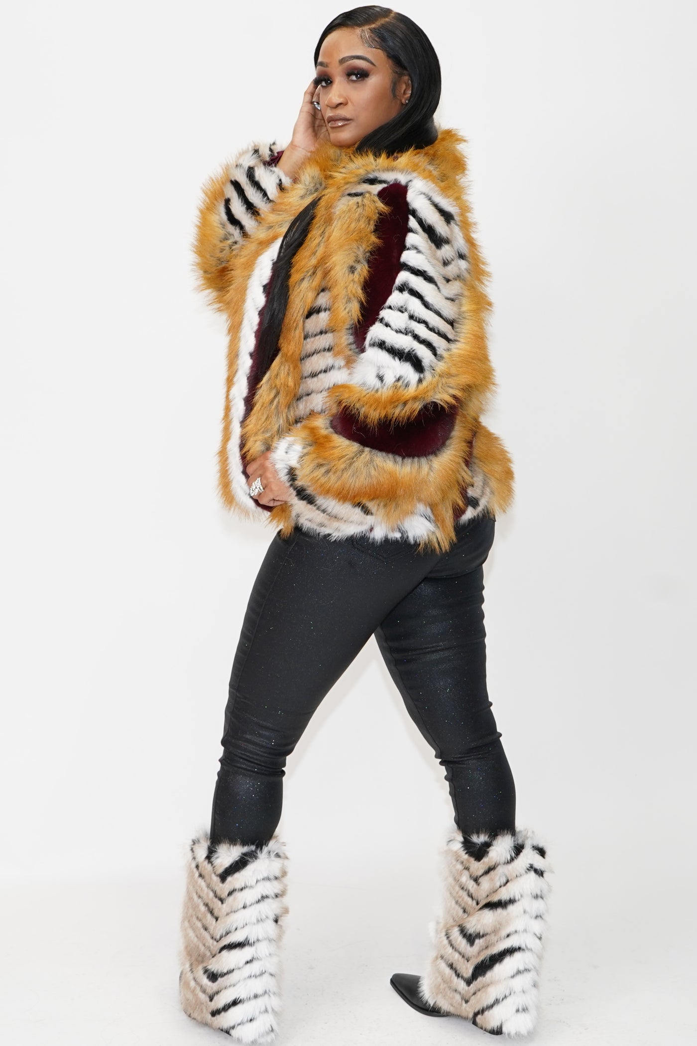 Inez Faux Fur Animal Stripe Stand Collar Zip Front Jacket - On the Runway Fashion