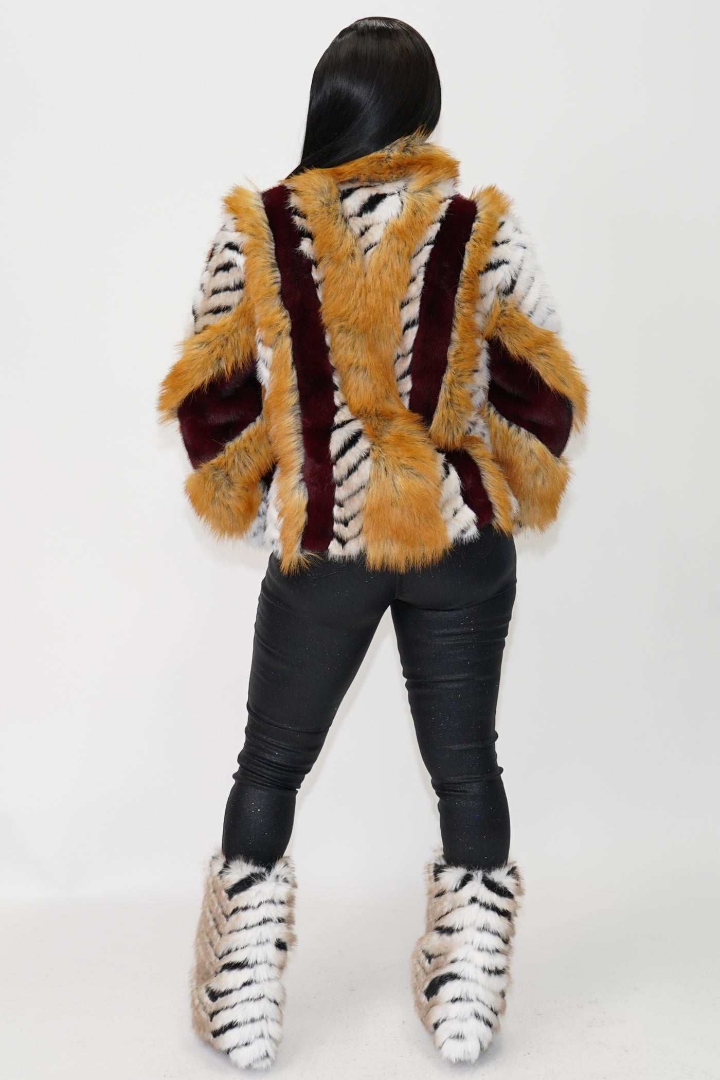 Inez Faux Fur Animal Stripe Stand Collar Zip Front Jacket - On the Runway Fashion