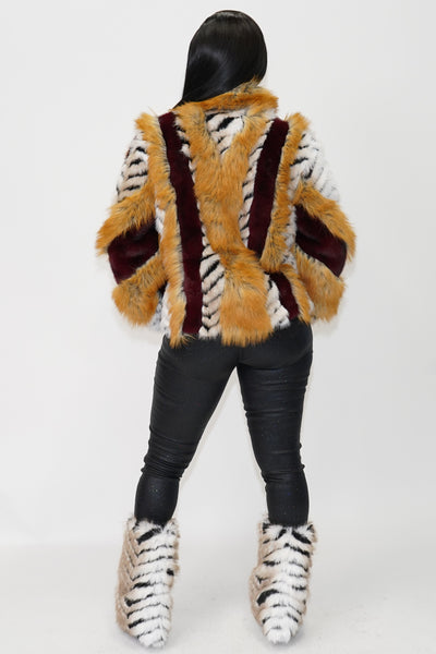 Inez Faux Fur Animal Stripe Stand Collar Zip Front Jacket - On the Runway Fashion