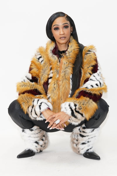 Inez Faux Fur Animal Stripe Stand Collar Zip Front Jacket - On the Runway Fashion