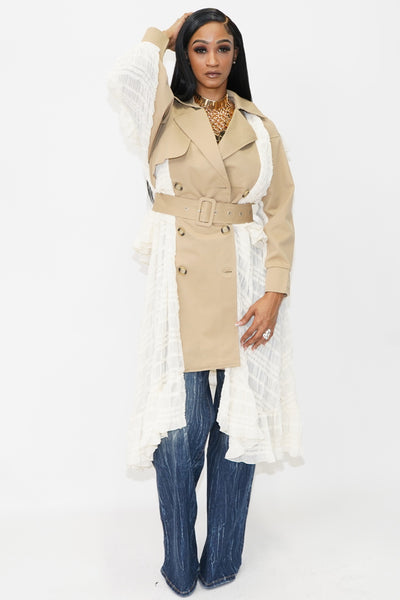 Slit Sleeve Ruffle Hem Contrast Trench - On the Runway Fashion