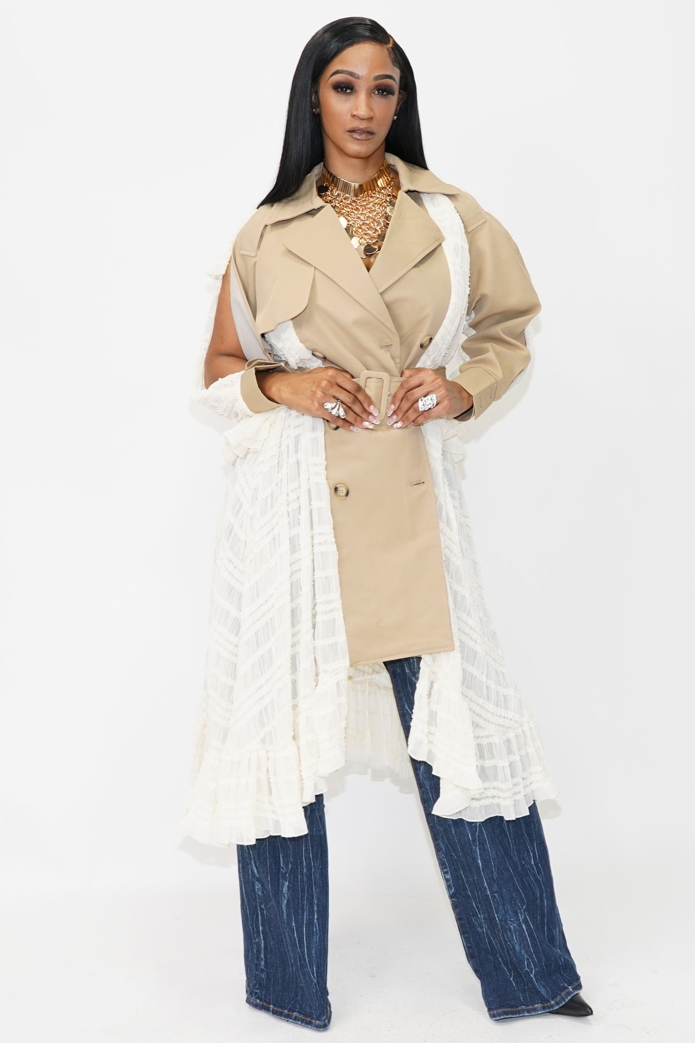 Slit Sleeve Ruffle Hem Contrast Trench - On the Runway Fashion