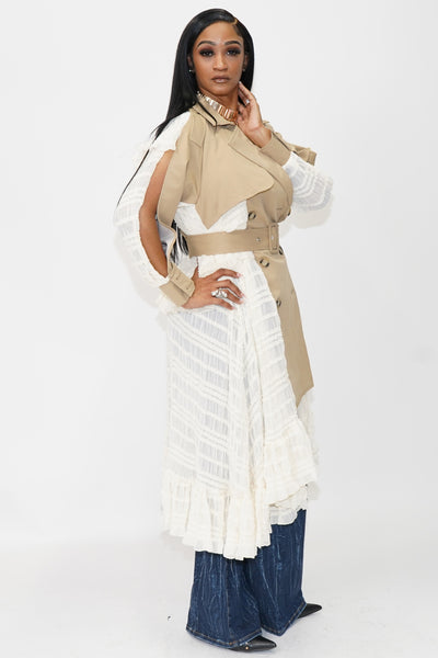 Slit Sleeve Ruffle Hem Contrast Trench - On the Runway Fashion