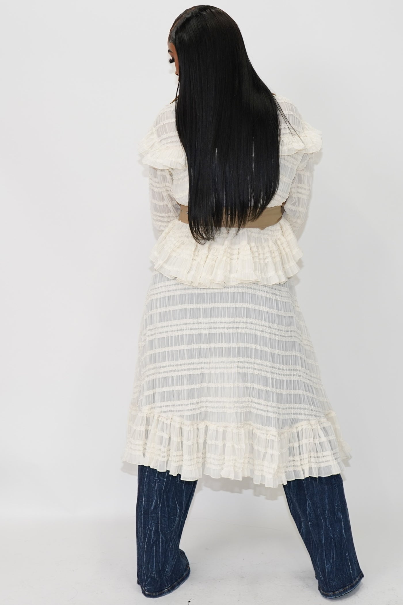 Slit Sleeve Ruffle Hem Contrast Trench - On the Runway Fashion