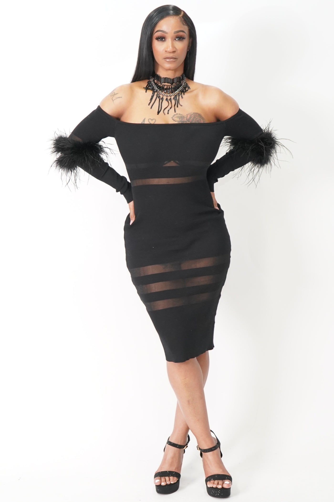 Feather Long Sleeve Off Shoulder Midi Dress