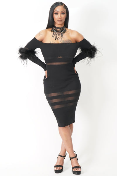 Feather Long Sleeve Off Shoulder Midi Dress