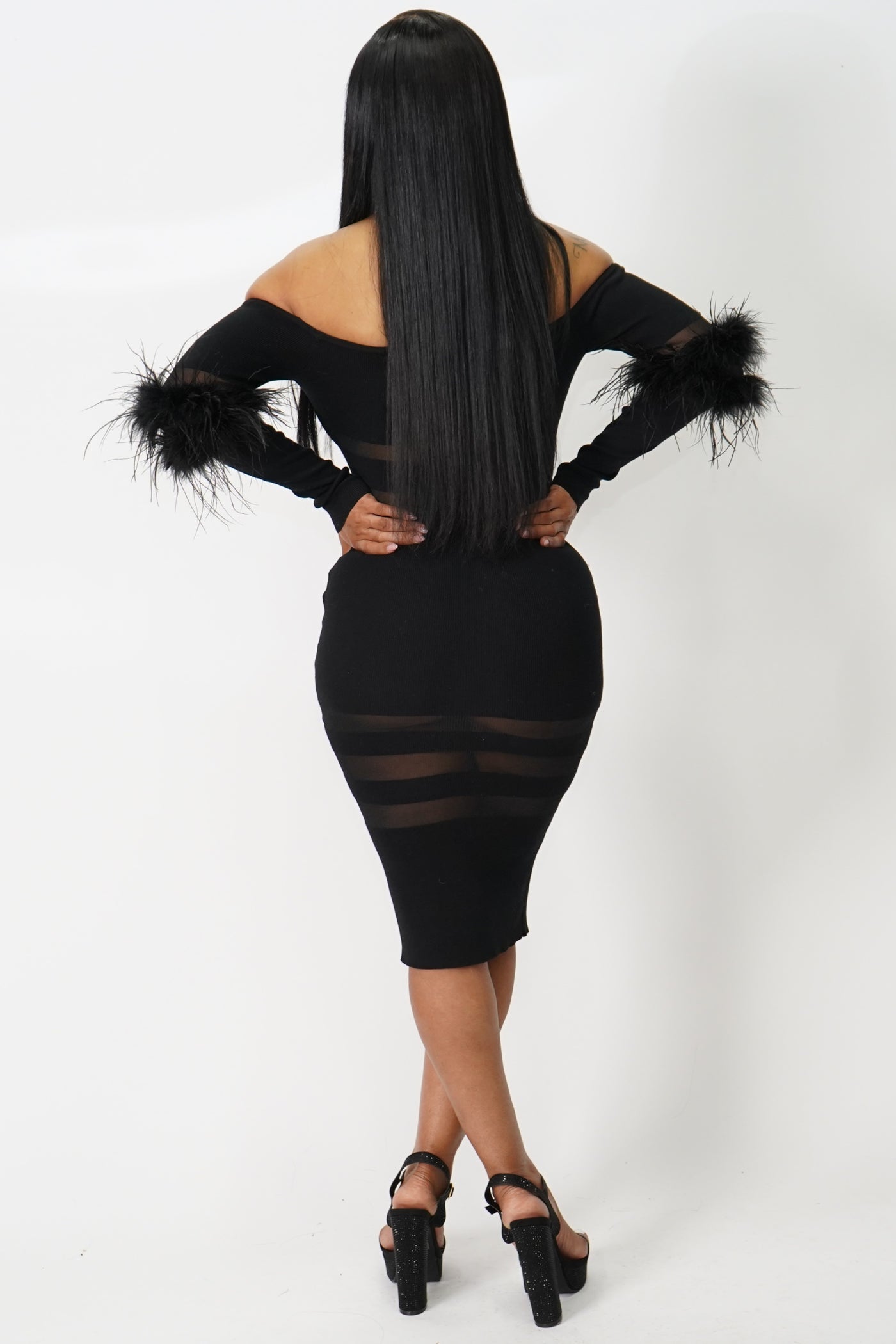 Feather Long Sleeve Off Shoulder Midi Dress