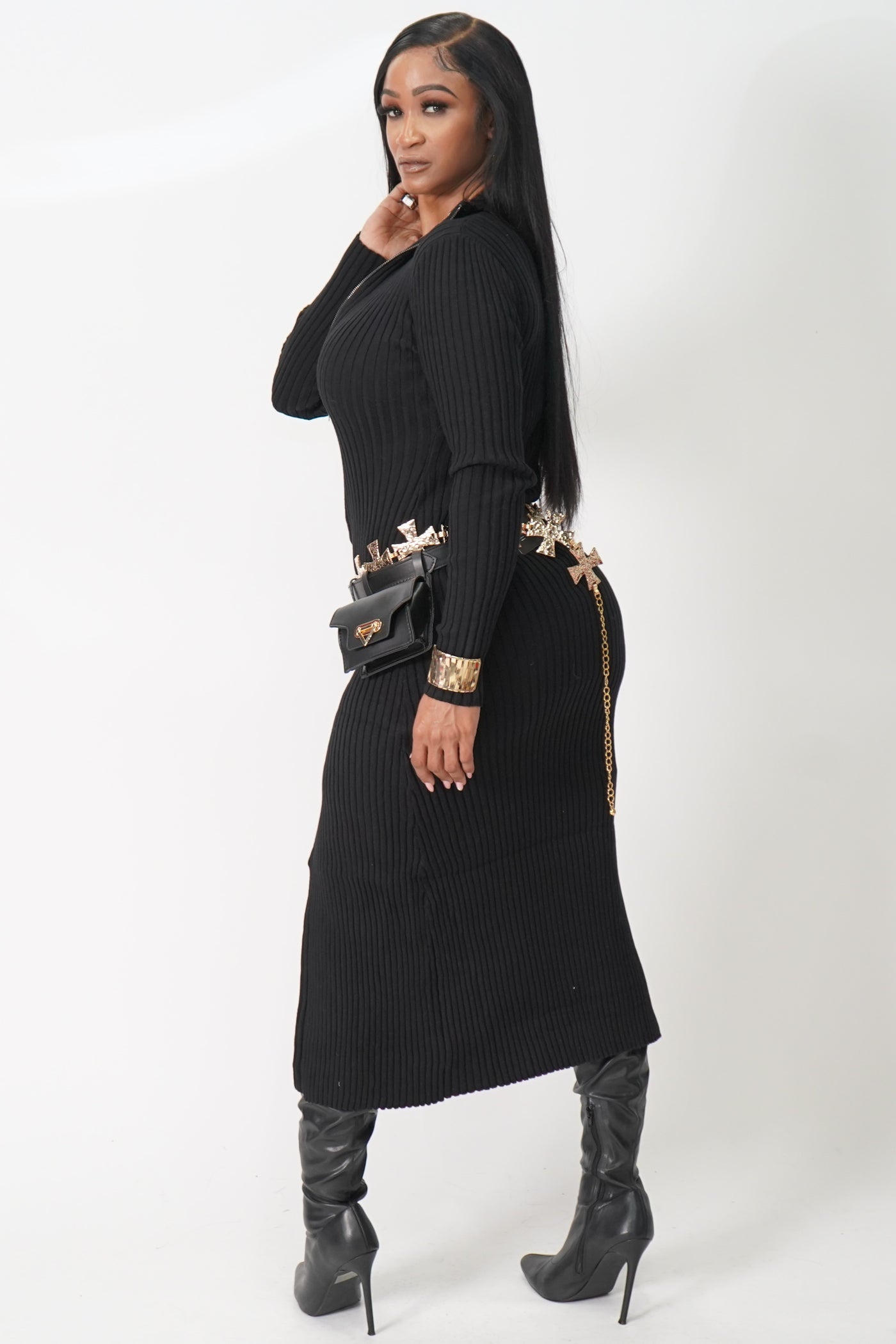 Knitted Ribbed Zip Through Maxi Dress