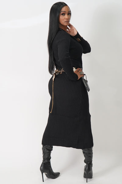 Knitted Ribbed Zip Through Maxi Dress