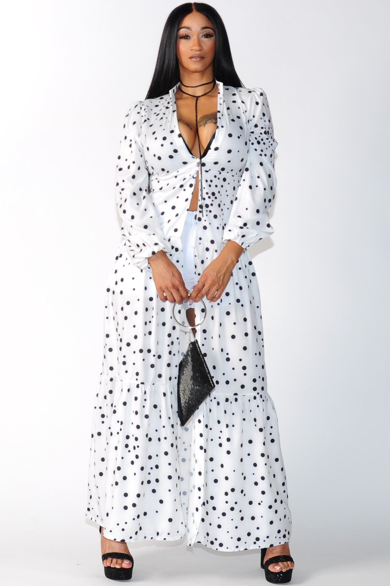 Polka Dot Long Sleeve Button Front Maxi Dress - On the Runway Fashion