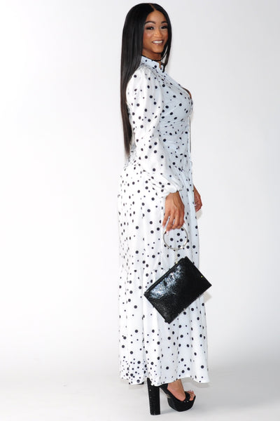 Polka Dot Long Sleeve Button Front Maxi Dress - On the Runway Fashion