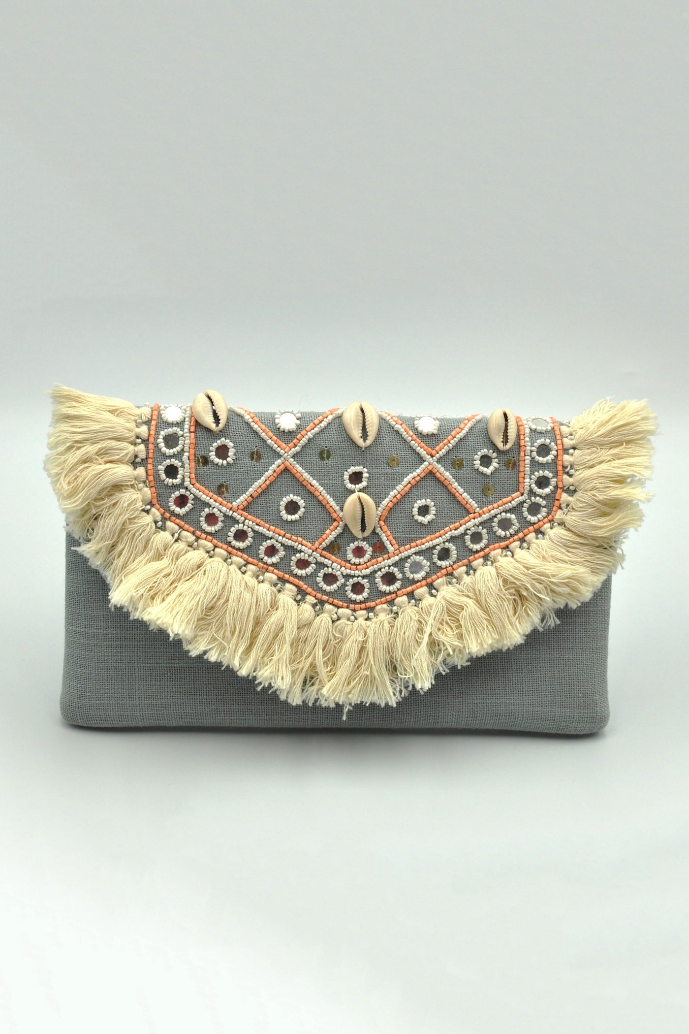 Handmade Jute Clutch Bag – Embroidered Coin Pattern with Beaded Decoration