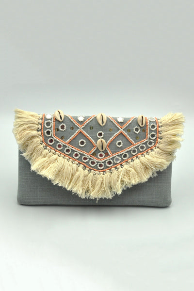 Handmade Jute Clutch Bag – Embroidered Coin Pattern with Beaded Decoration