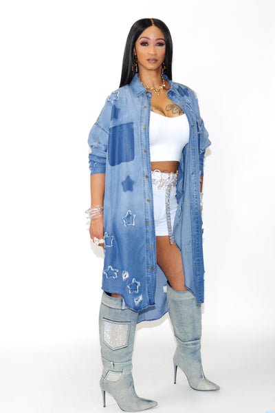 Distressed Light Blue Vintage Denim Long Jean Jacket Coat - On the Runway Fashion