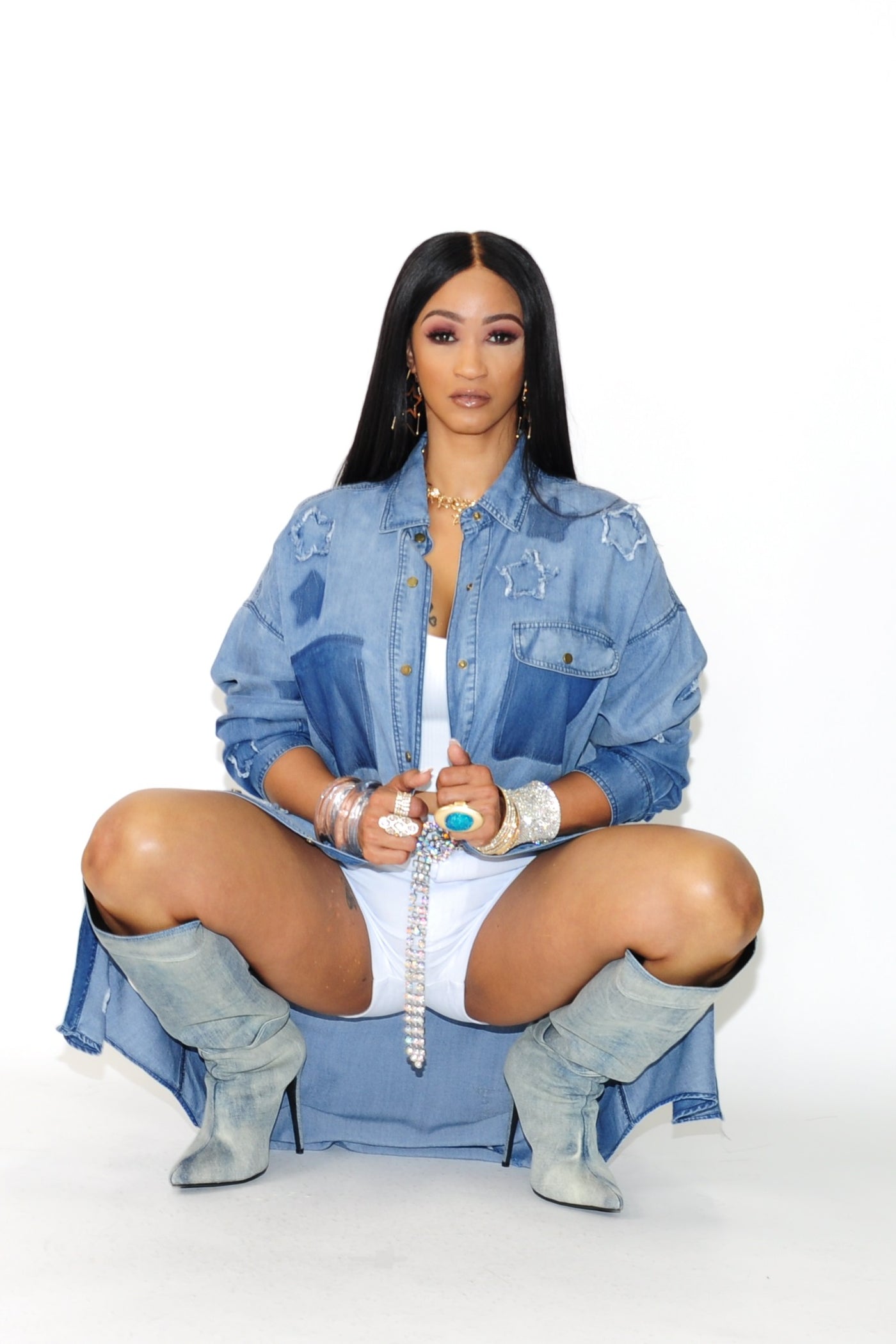 Distressed Light Blue Vintage Denim Long Jean Jacket Coat - On the Runway Fashion