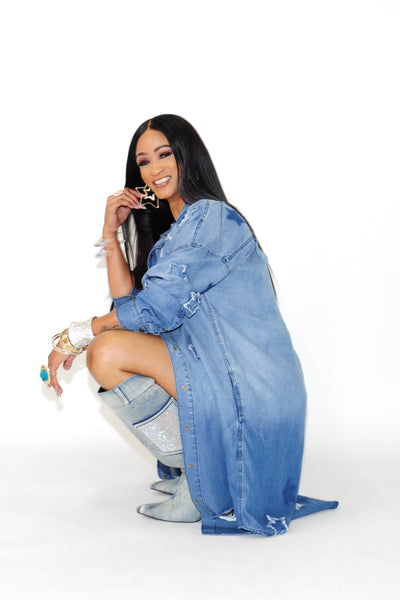 Distressed Light Blue Vintage Denim Long Jean Jacket Coat - On the Runway Fashion