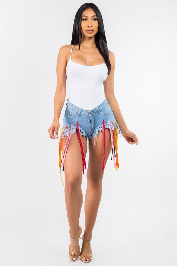 Multicolor Shoe String Denim Shorts - On the Runway Fashion