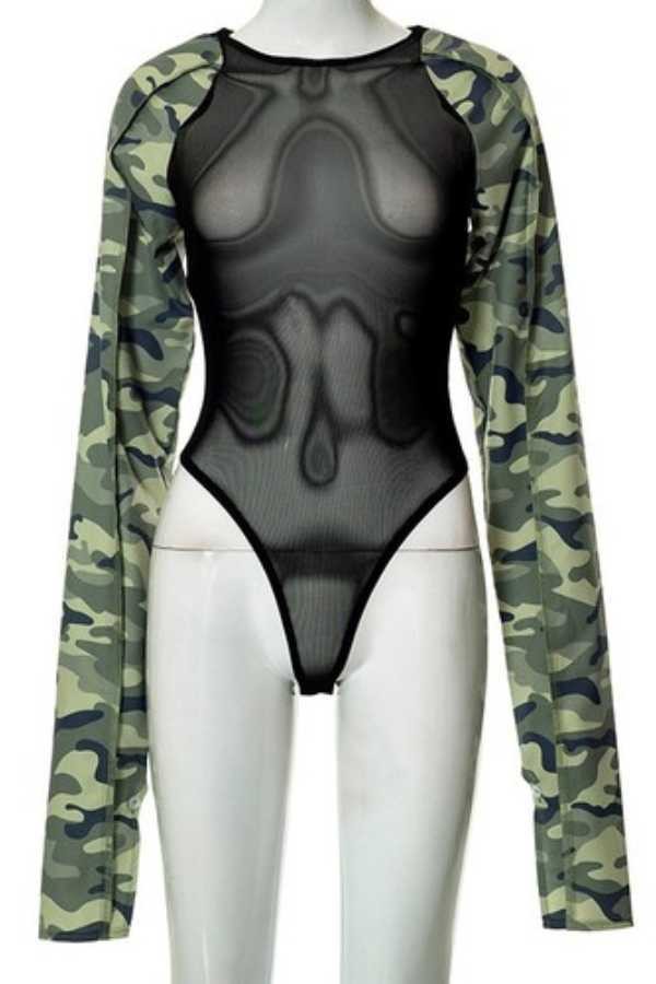 Camouflage Sleeve Mesh Bodysuit Top - On the Runway Fashion